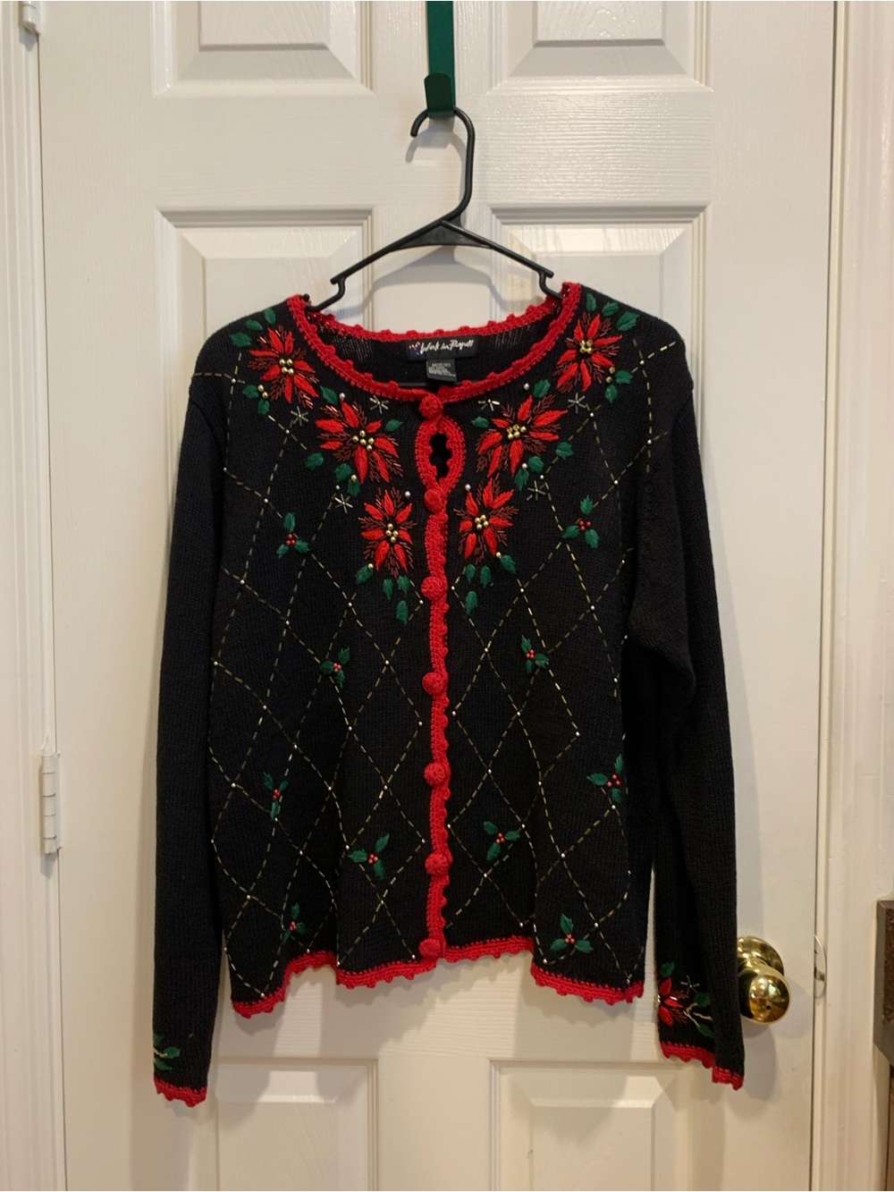 Ladies Black Holiday Cardigan Sweater with Red Poinsettia Trim